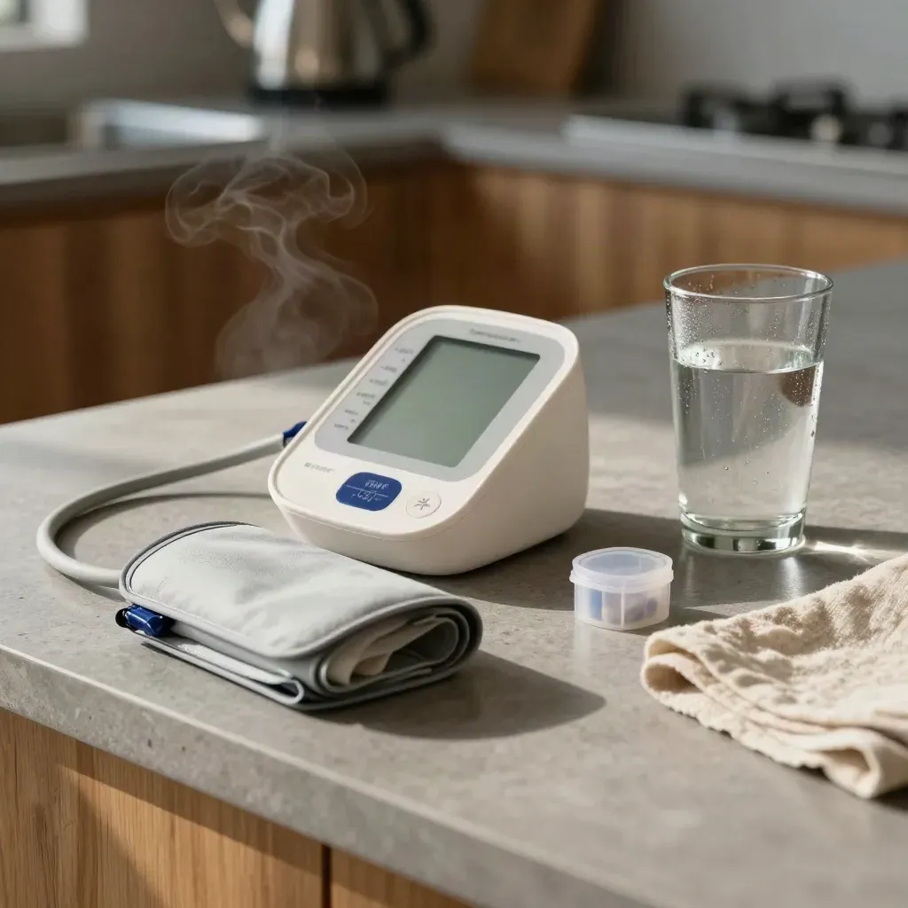 Home blood pressure setup on a kitchen counter with cuff, pill sorter, and water glass.