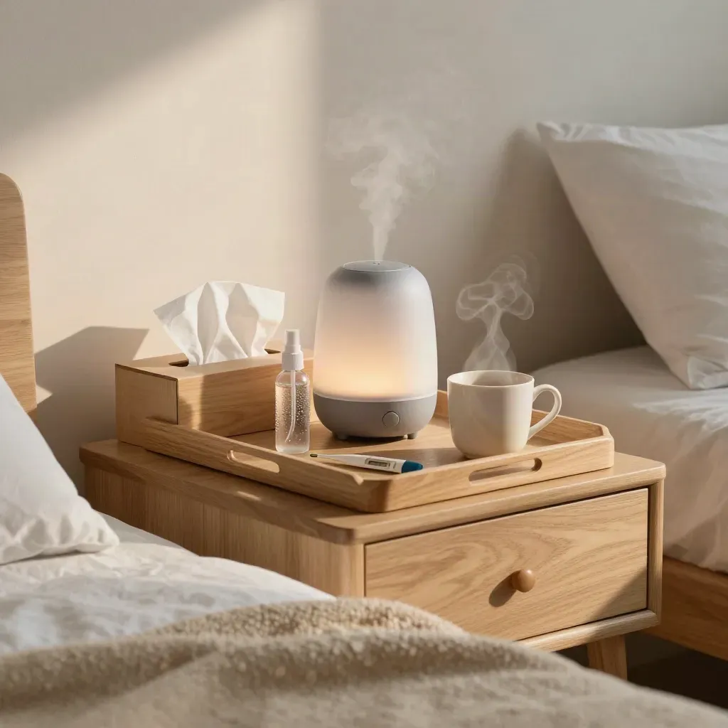Bedside cold-care tray with humidifier steam, tea, tissues, spray, and a folded blanket.