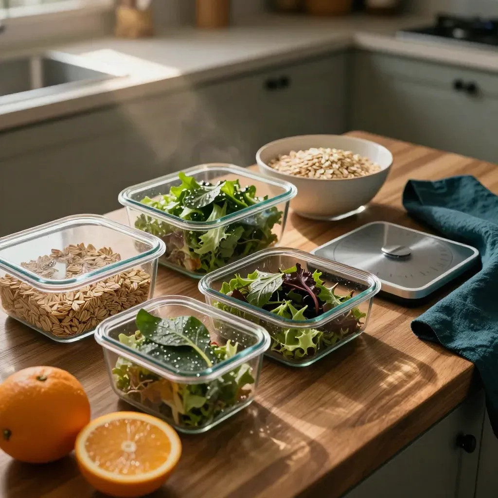 Meal-prep containers, citrus, greens, oats, and a kitchen scale on a moody counter.