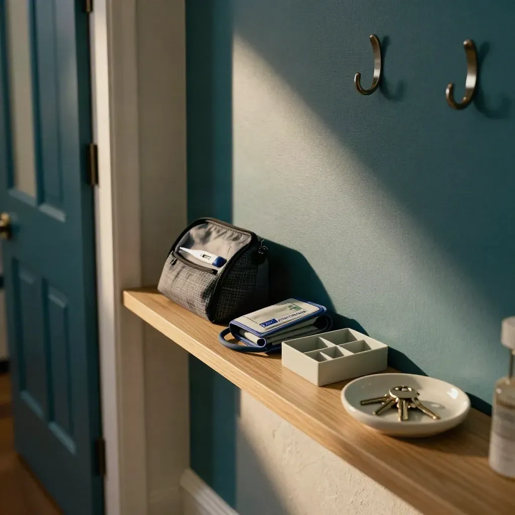 Hallway health shelf with bag, cuff, thermometer, organizer box, and keys by the front door.