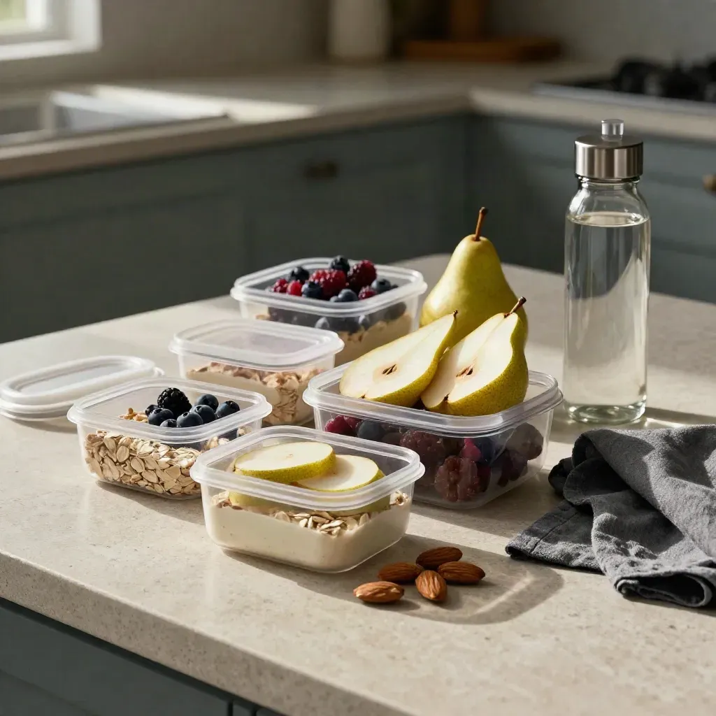 Portioned healthy meal-prep containers with fruit, oats, nuts, and a water bottle on stone.
