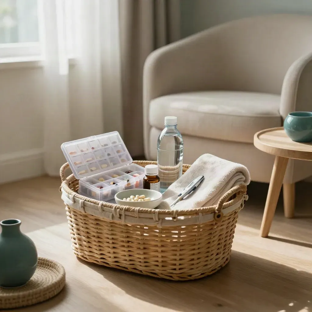 Sunlit postpartum wellness basket beside a nursing chair with vitamins, water, towel, and pill organizer.