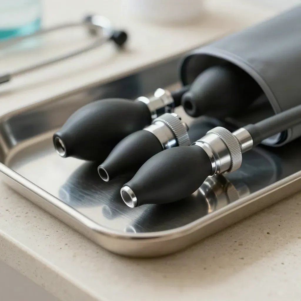 Macro still life of stethoscope parts and a blood-pressure valve on a metal tray