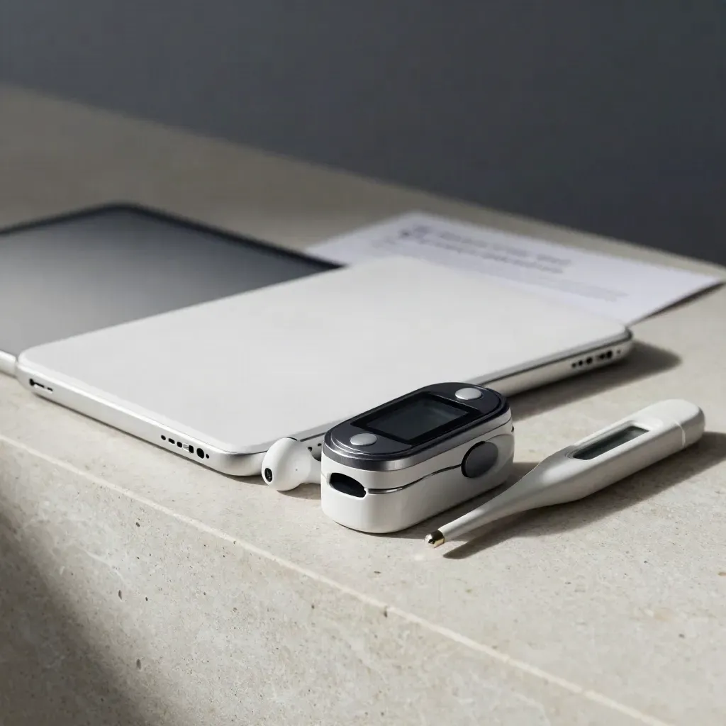 Telehealth tools on a pale stone ledge: earbuds, tablet cover, oximeter, and thermometer.