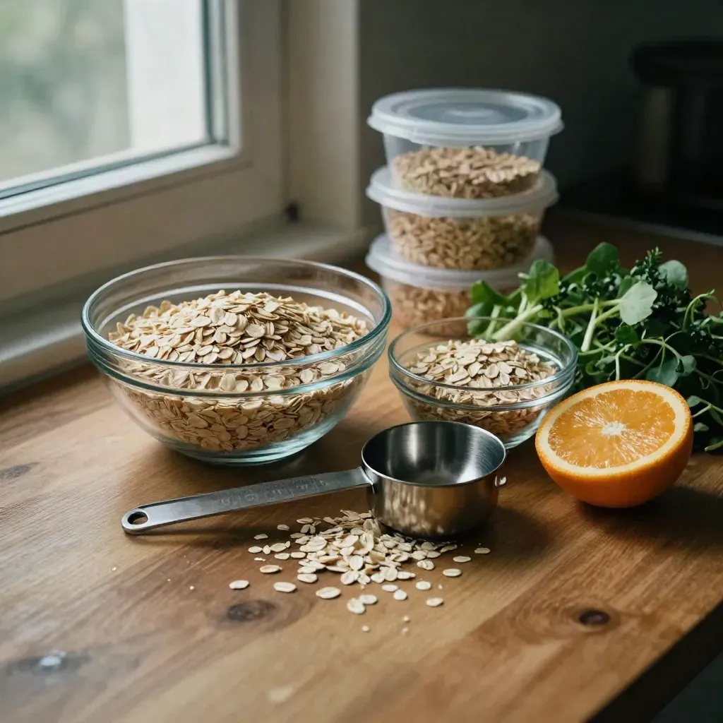 Overhead nutrition still life with oats, measuring cups, citrus, greens, and portion containers on warm wood.