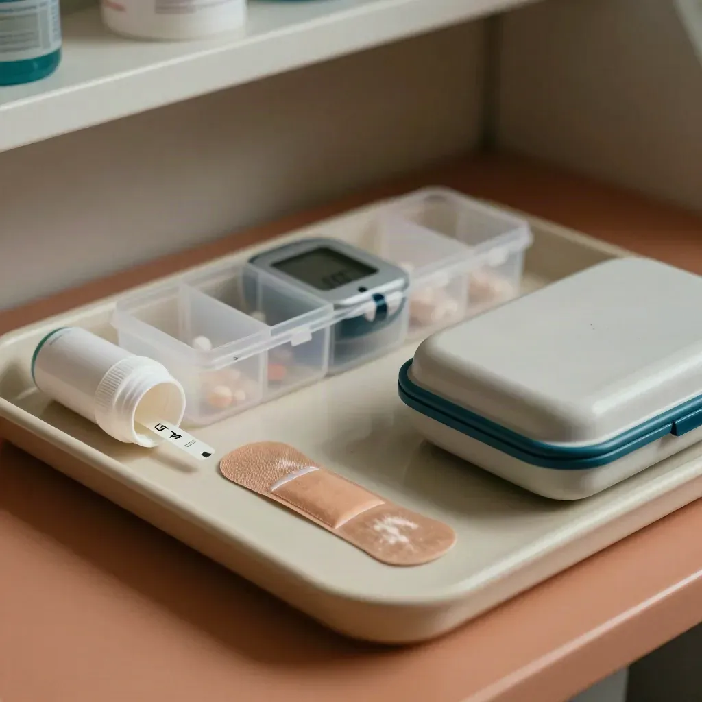 Clinic supply close-up with a pill sorter, glucose-strip container, bandage tin, and glove box on a tray.