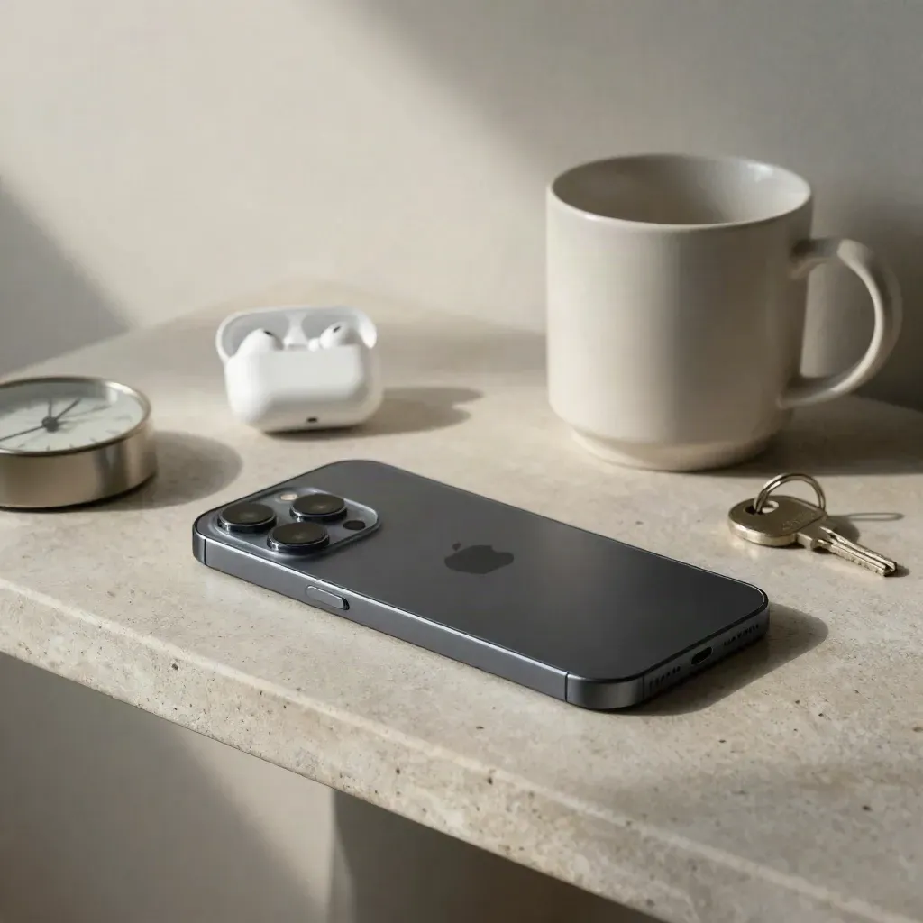 Face-down phone, earbuds case, clock, key and mug on a stone entry console in soft morning light.