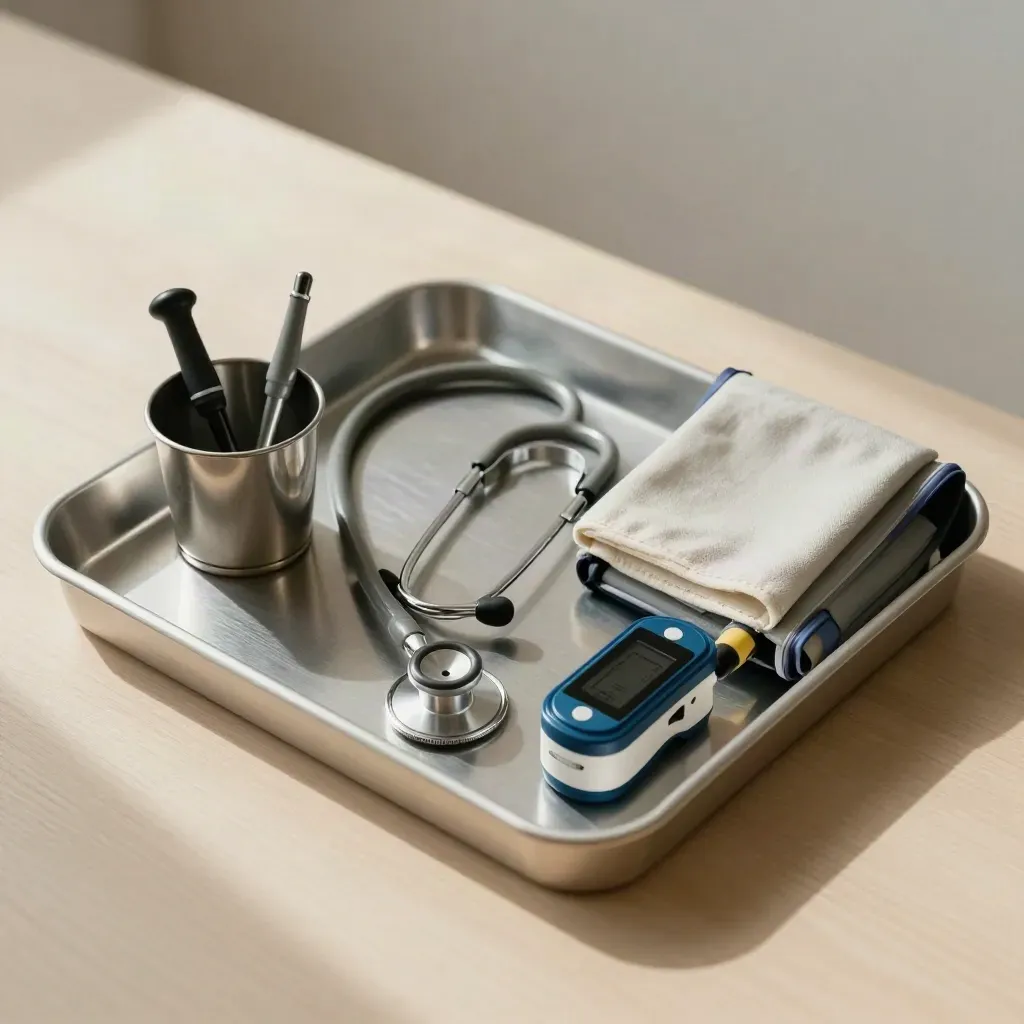 Top-down clinical still life of exam tools on pale wood with soft daylight
