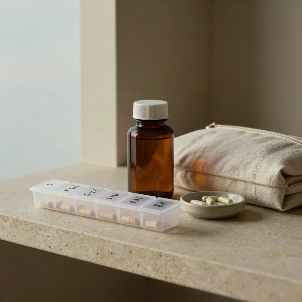 Pill organizer, supplement bottle, ceramic dish, and care-kit pouch on a plaster shelf.
