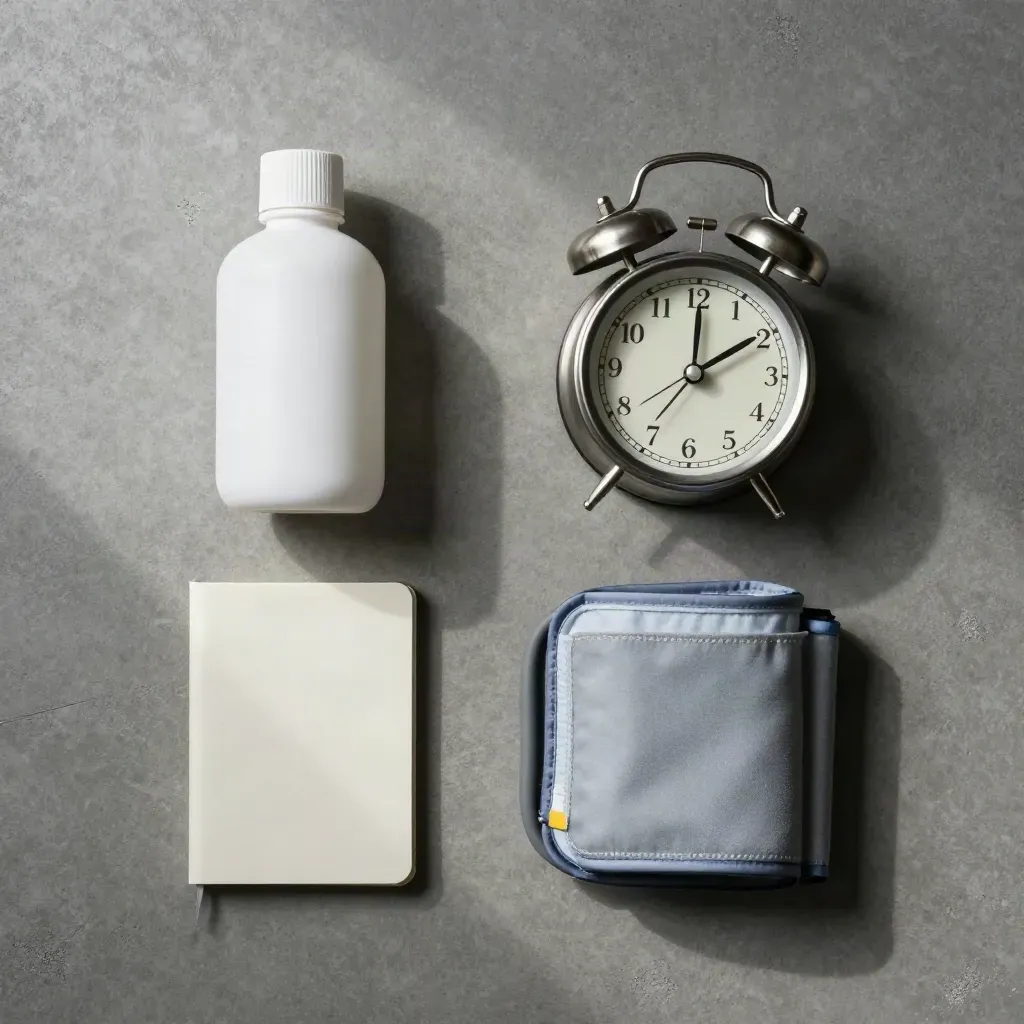 Top-down wellness flatlay with refill bottle, cuff, alarm clock and closed notebook.