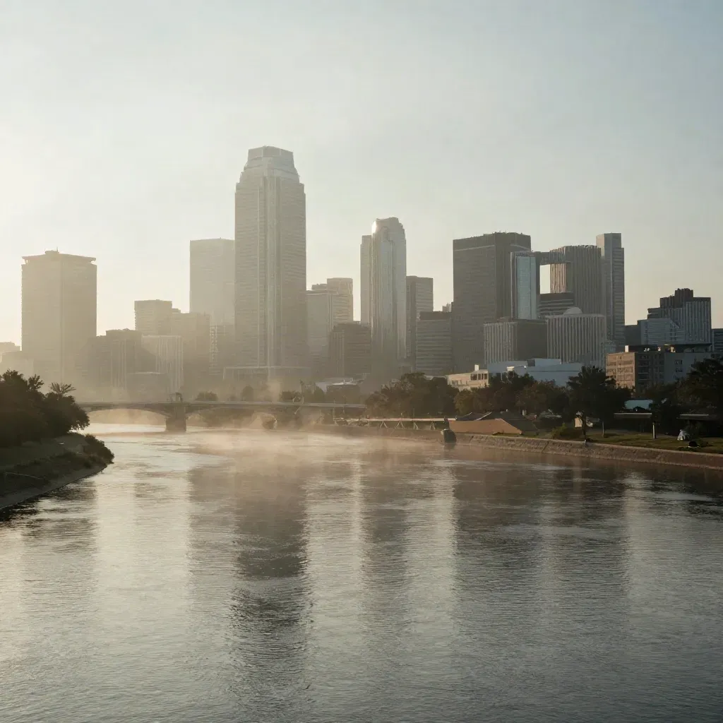 Dallas skyline above Trinity River haze at first light, bridges and mist under calm sky.
