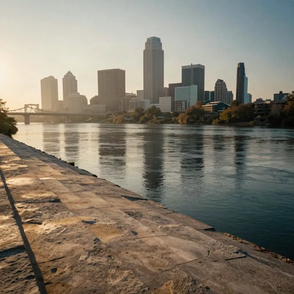 Golden-hour Austin skyline over the river with limestone banks and hazy bridge silhouettes.