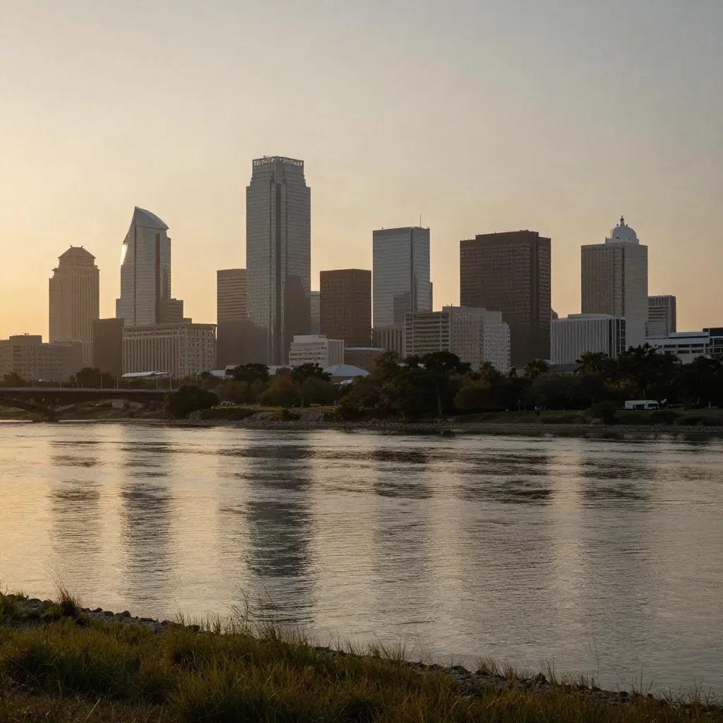 Houston skyline above calm bayou water in warm humid sunset haze
