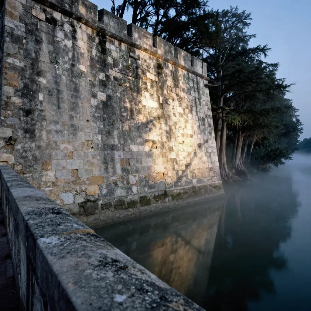 San Antonio limestone river walls and cypress haze at blue hour with calm open water below.