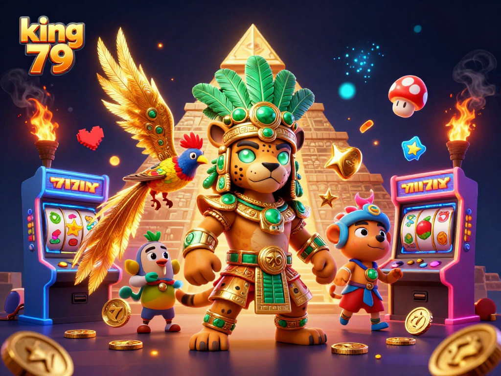Experience king 79's dynamic slots world with vibrant 3D artwork of a Mayan priest and rich symbols.