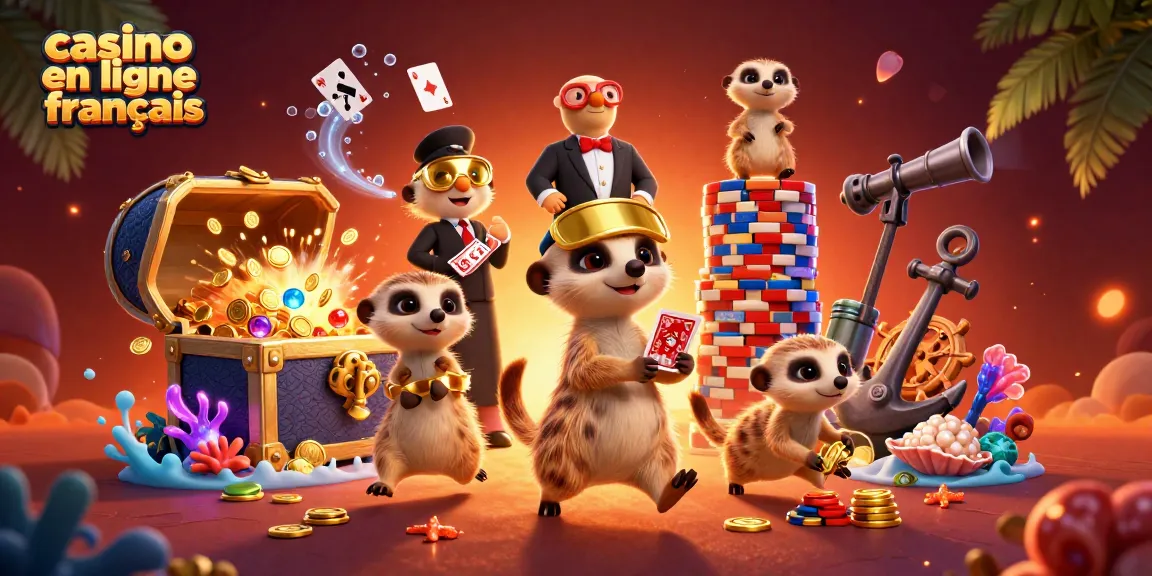 Illustration dynamique de suricates gérant un casino en ligne français avec une ambiance festive et riche en couleurs.