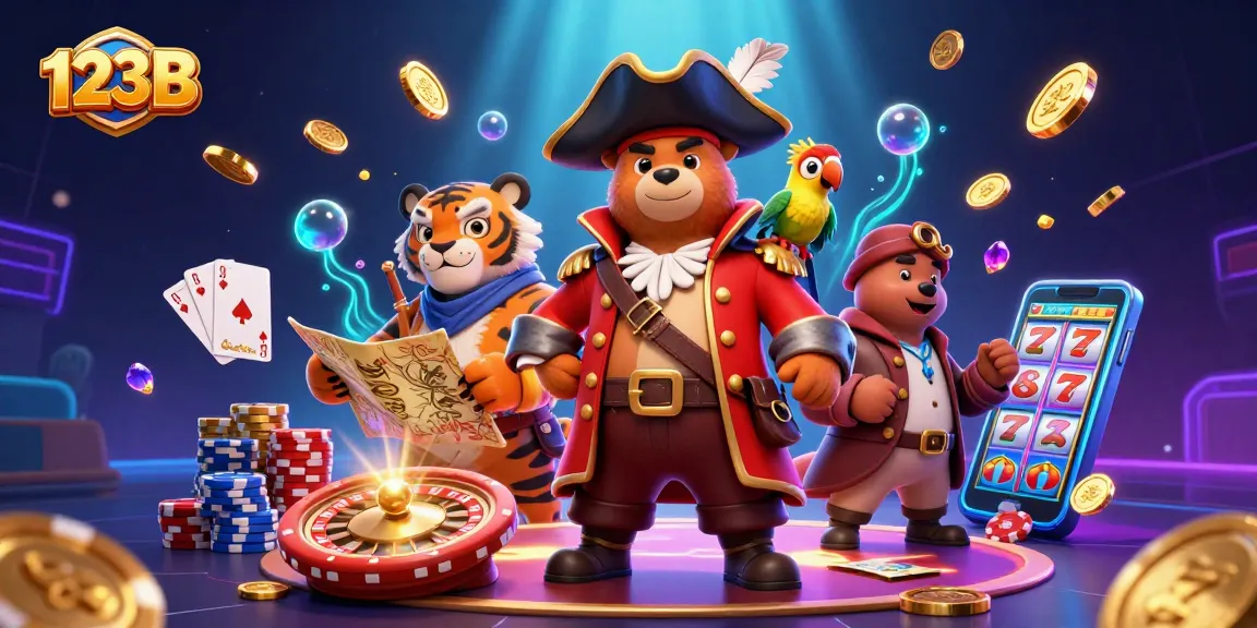 Engage with thrilling slots and table games at 123B with colorful characters and casino elements.