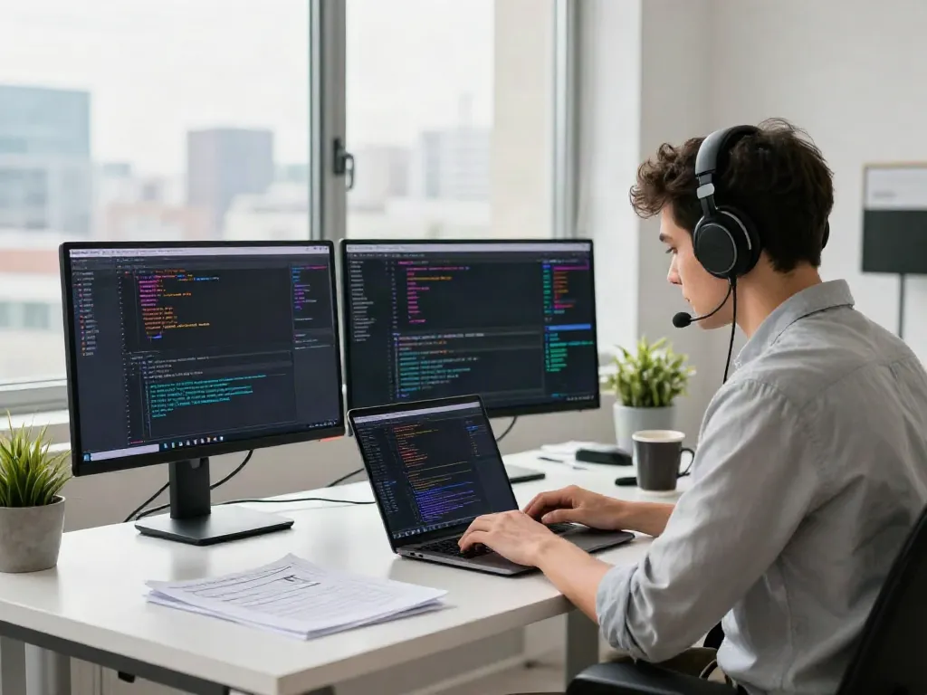 Software developer coding with tech tools in a modern workspace, you could try these out for efficient workflows.