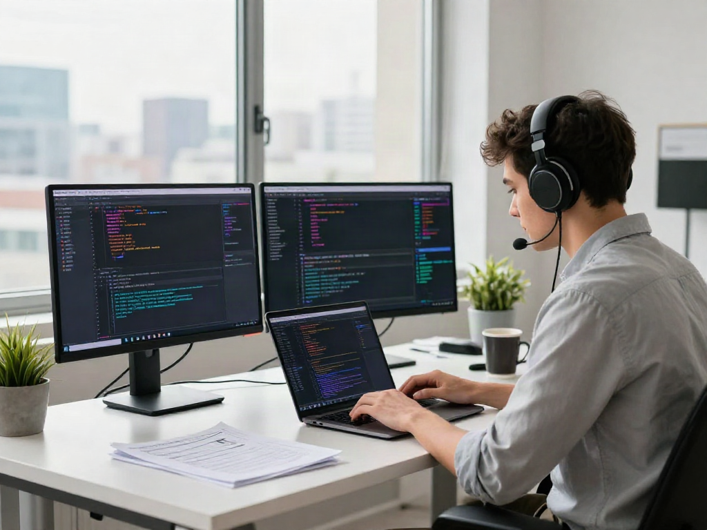 Software developer coding with tech tools in a modern workspace, you could try these out for efficient workflows.