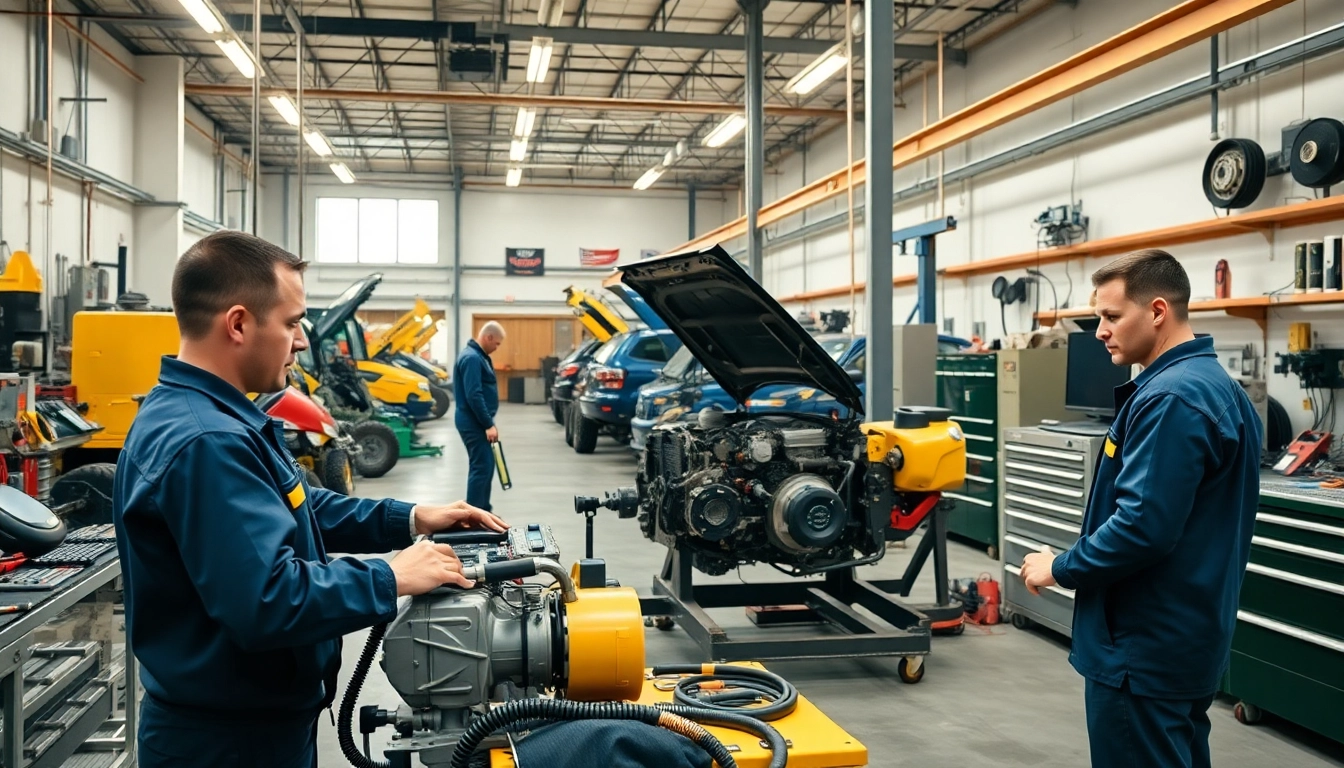 Mechanics conducting equipment service in a professional workshop with diagnostic tools.
