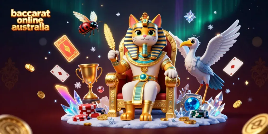 Experience baccarat online Australia with a detailed 3D illustration of casino characters and elements.