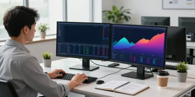 Trader analyzing financial markets using MetaTrader 5 on dual monitors in a modern office.