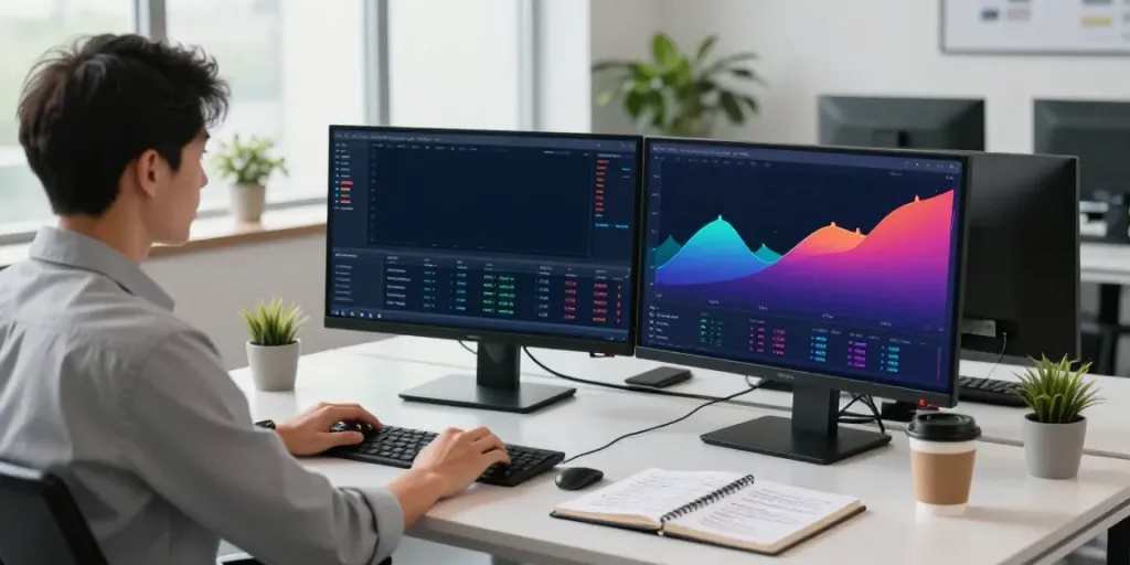 Trader analyzing financial markets using MetaTrader 5 on dual monitors in a modern office.