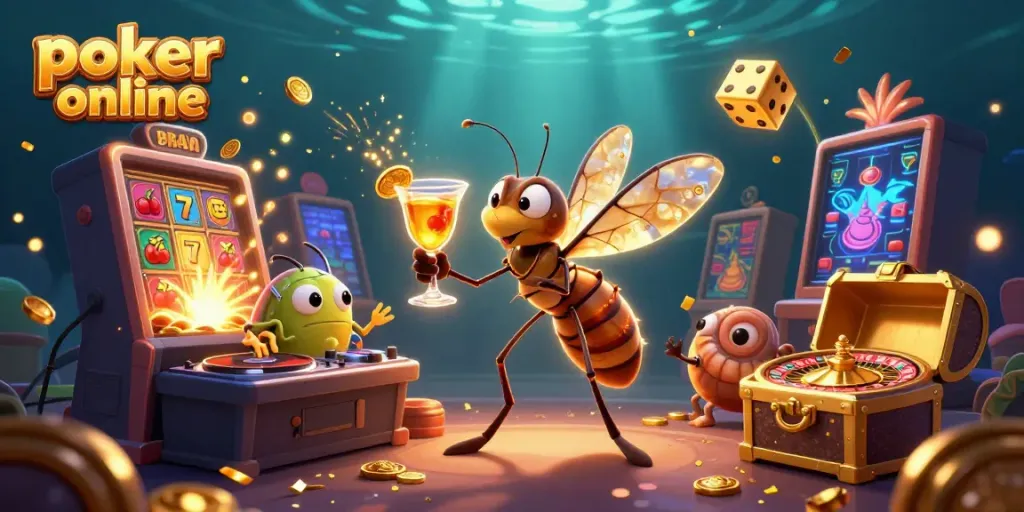 Engaging poker online scene featuring a frozen mosquito mascot and trilobite DJ in 3D