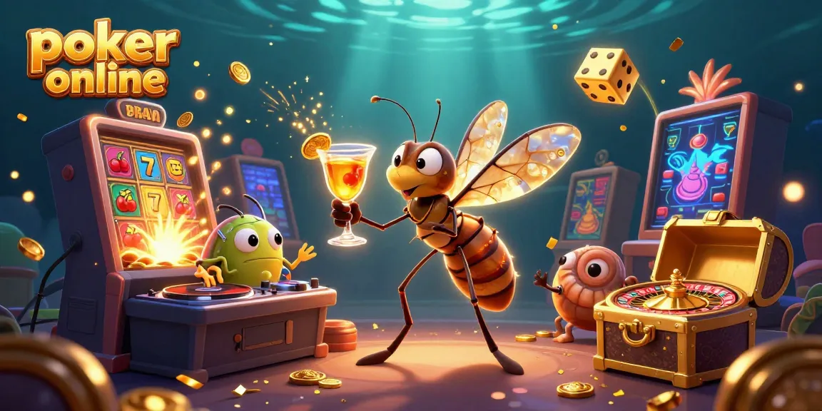 Engaging poker online scene featuring a frozen mosquito mascot and trilobite DJ in 3D