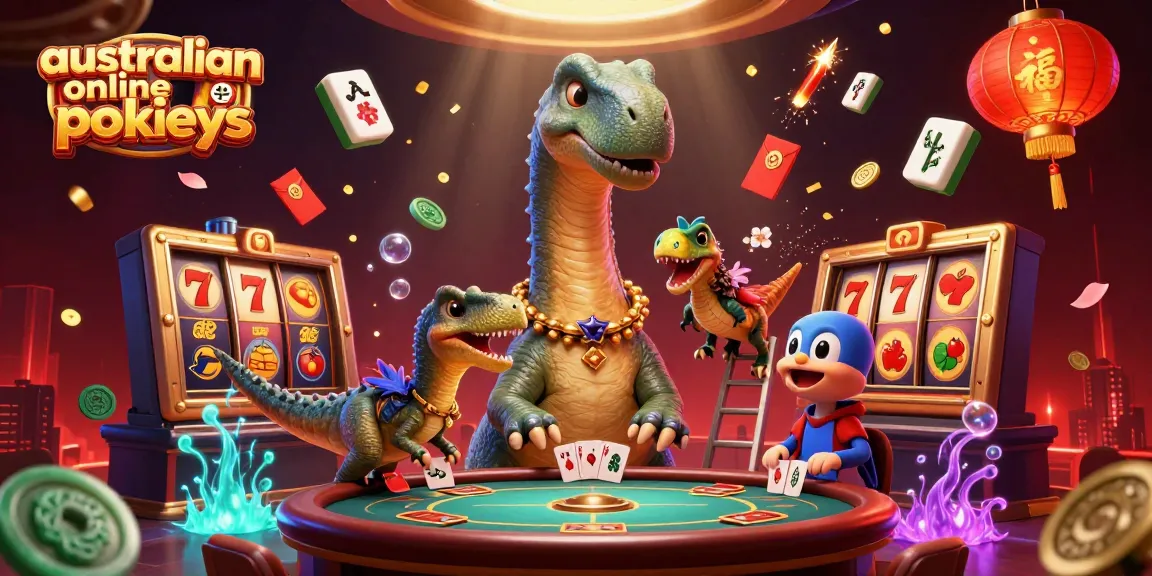 Experience thrilling australian online pokies with a vibrant 3D casino scene featuring unique characters.