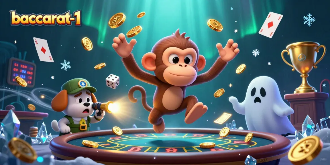 Baccarat-1's immersive gaming scene with a mischievous ghost monkey juggling casino elements in a haunted environment.