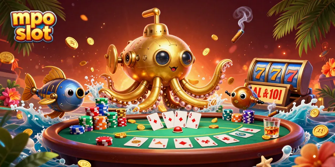 Engage with mpo slot through a vibrant 3D cartoon scene featuring a golden kraken submarine amidst slot reels and poker elements.