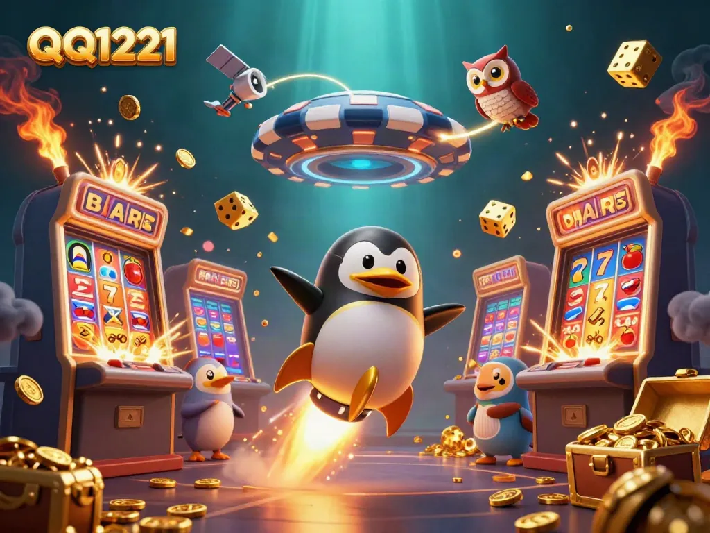 Experience QQ1221's thrilling slots adventure with a golden penguin in a vibrant casino universe.