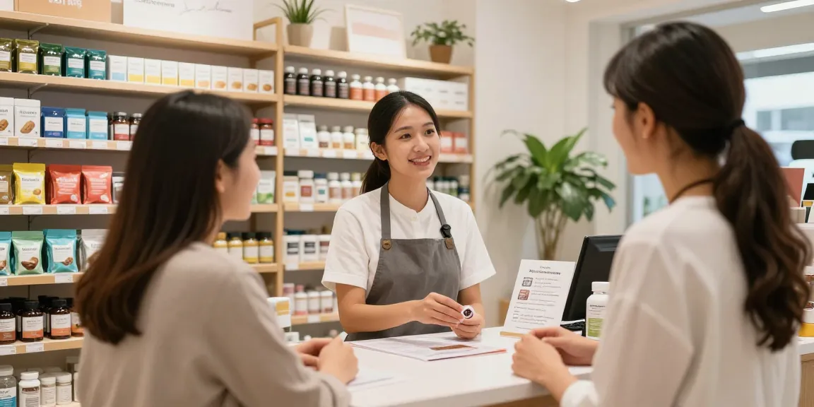 Kratom capsules displayed in a wellness shop with a customer consulting an expert on benefits.