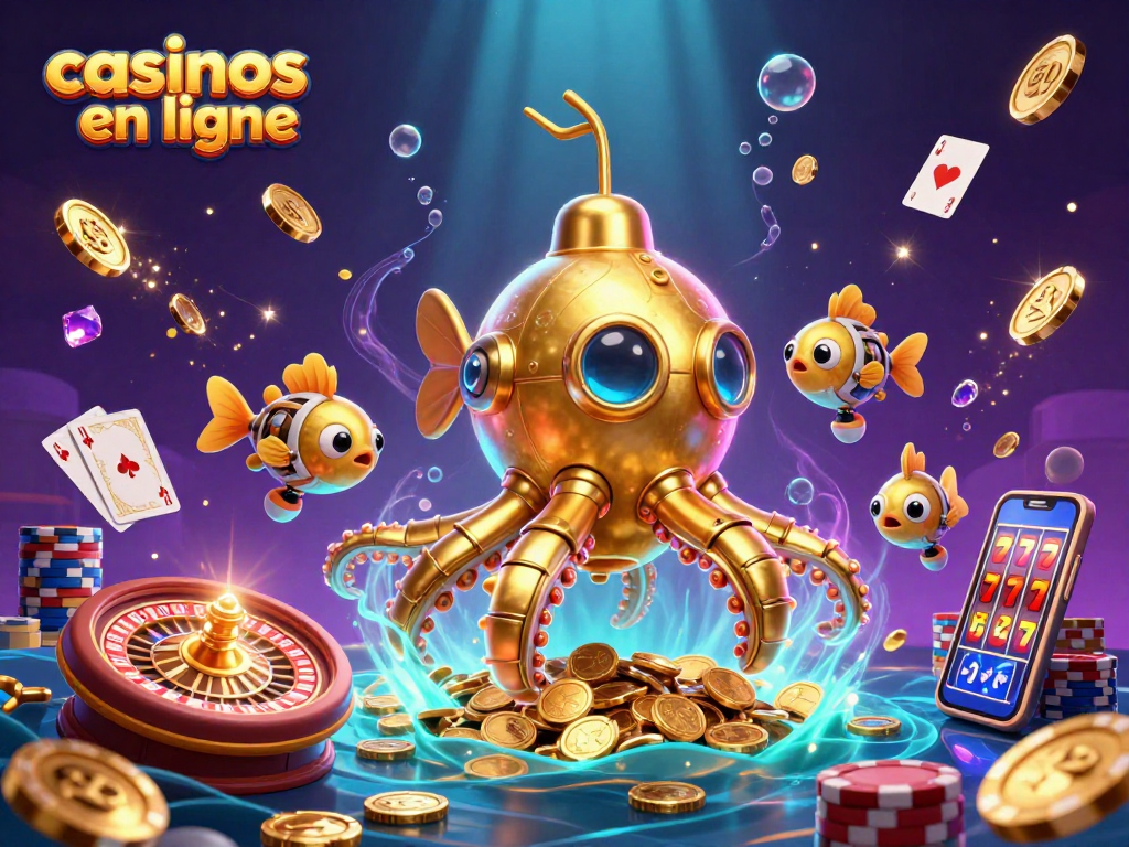 Jouez votre chance dans des casinos en ligne avec un kraken sous-marin doré et des poissons mécaniques, entourés de pièces et de cartes.