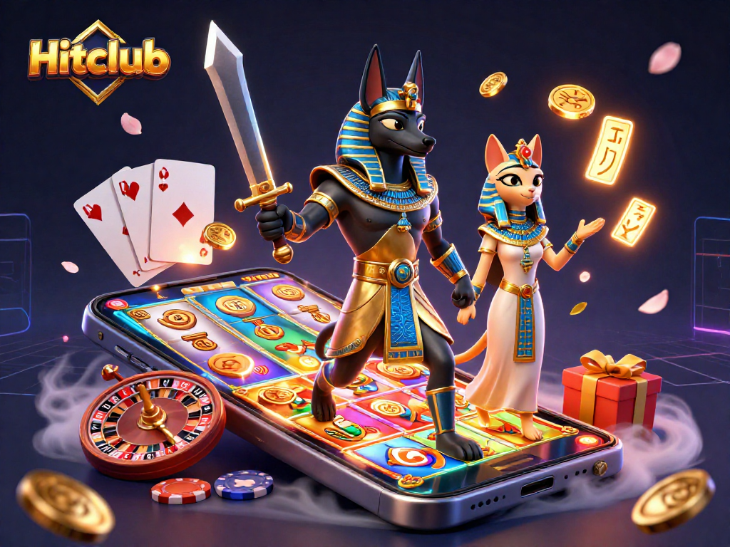 Engage with Hitclub's vibrant 3D casino illustration showcasing Anubis with dynamic slot game elements.