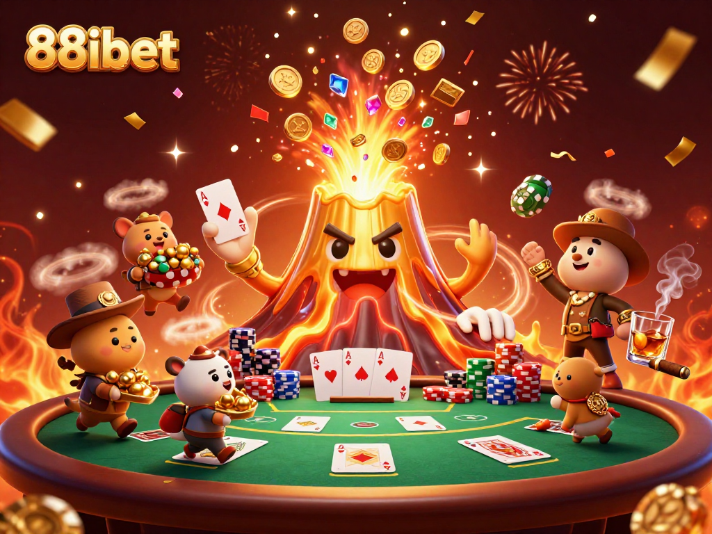 Experience thrilling treasures with 88ibet's golden volcano erupting coins and vibrant poker elements.