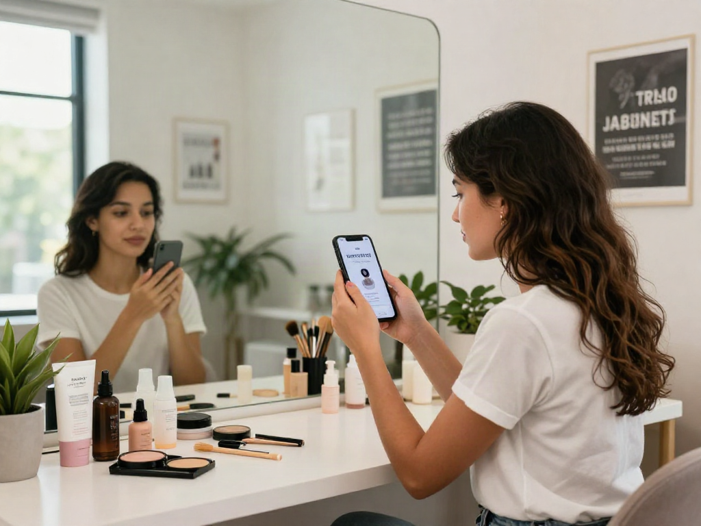 Young woman taking an attractiveness test using her smartphone while surrounded by mirrors and beauty products.
