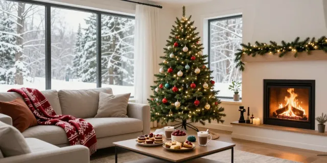 Slim Christmas tree beautifully decorated for the holidays in a cozy living room with festive decor.