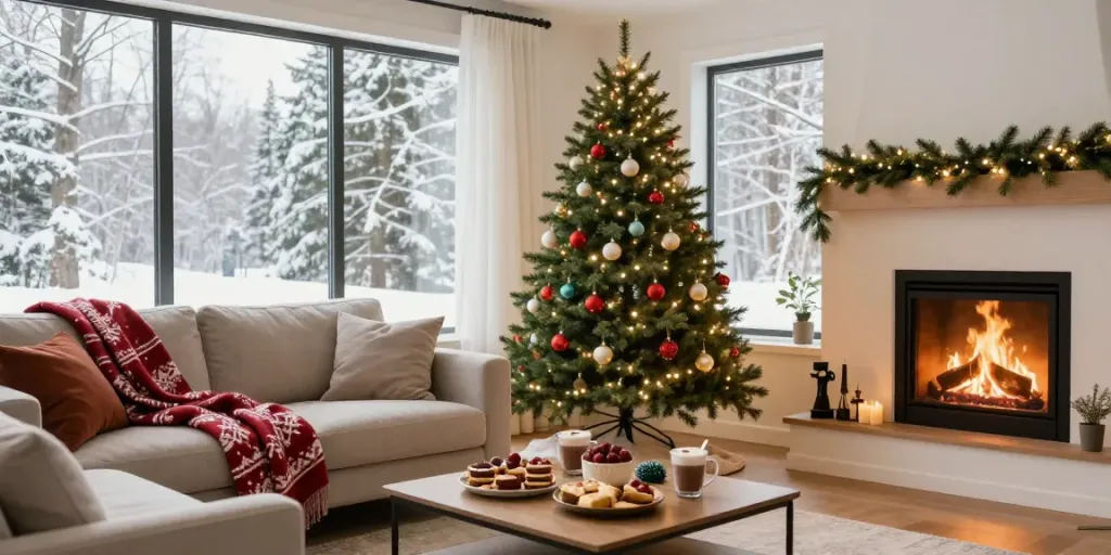 Slim Christmas tree beautifully decorated for the holidays in a cozy living room with festive decor.