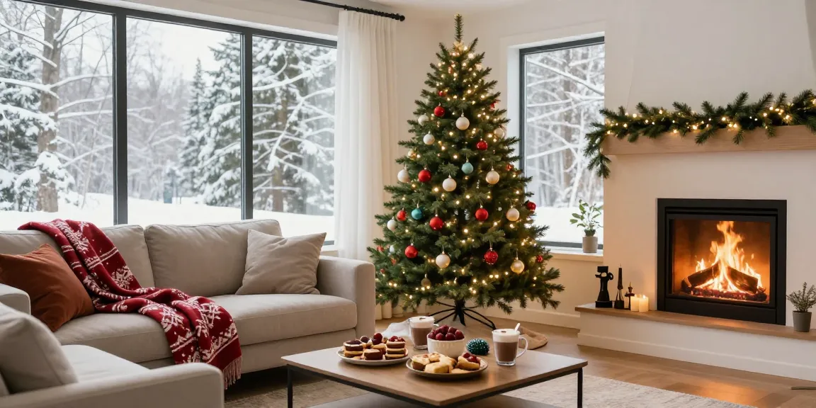 Slim Christmas tree beautifully decorated for the holidays in a cozy living room with festive decor.