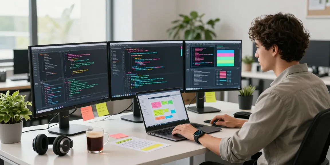 NAGA2000 software development workspace with coding screens and modern tech elements.