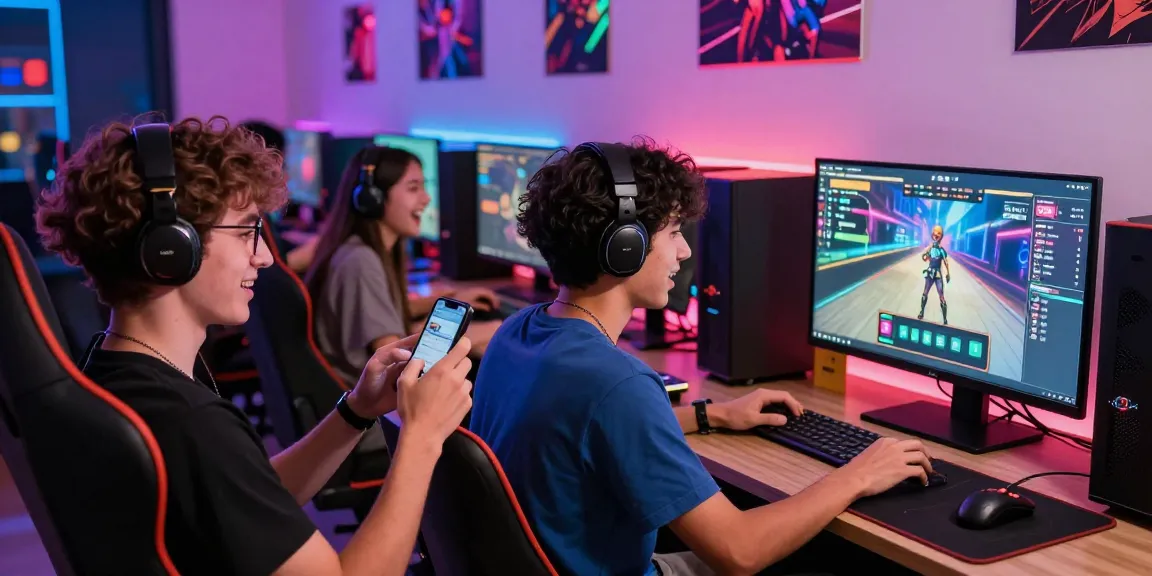 HWGCAREER di platform hiburan digital modern dengan gamer bermain di smartphone dan laptop.