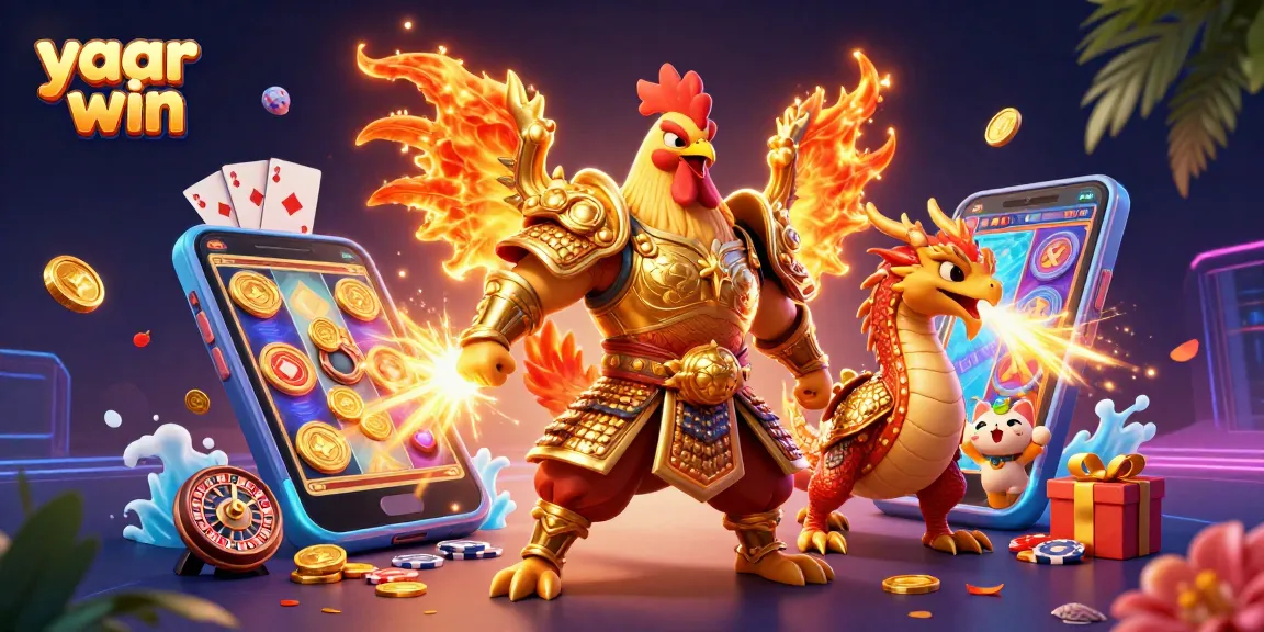 Engage with the excitement of yaar win through a dynamic rooster warrior and dragon hatchling in a colorful casino scene.