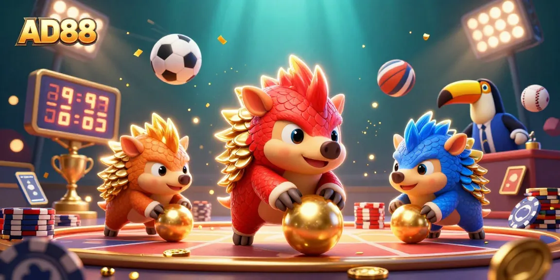 AD88 champions engage in vibrant casino action, rolling golden balls and poker chips for thrilling gameplay.