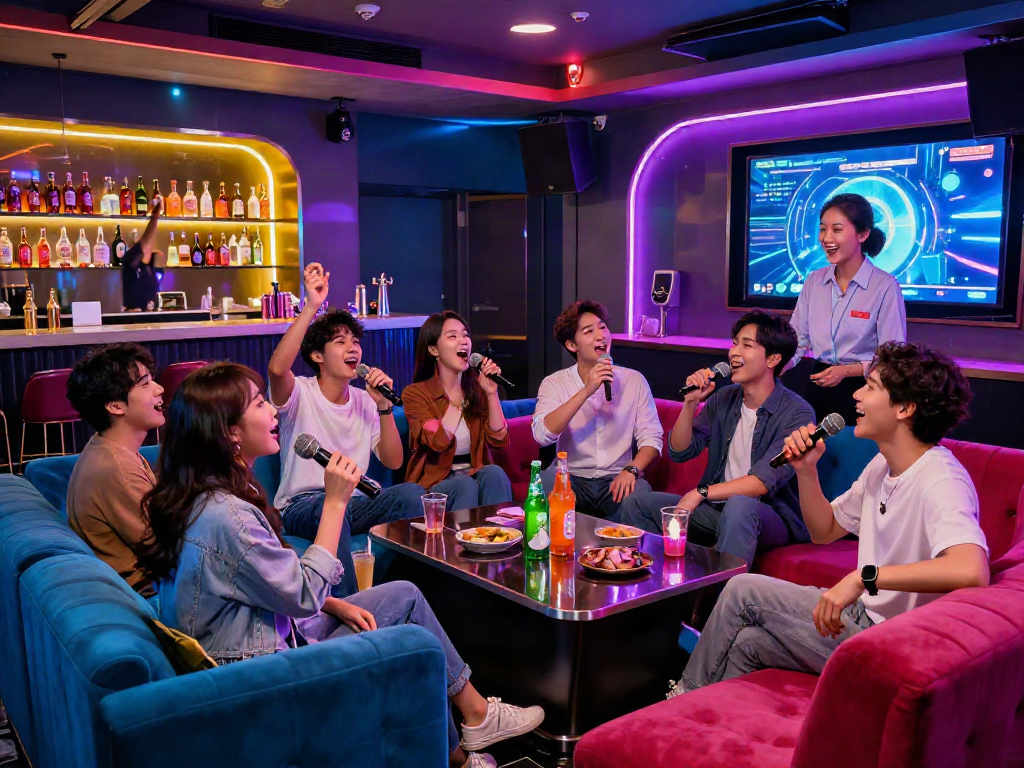 강남 달토에서 친구들과 함께 즐거운 시간을 보내는 모습, 활기찬 분위기와 다채로운 조명이 특징입니다.