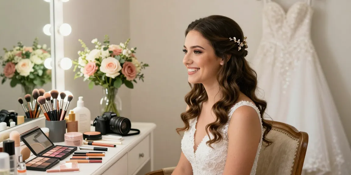 Trucco sposa elegante su una sposa sorridente mentre si prepara per il grande giorno.