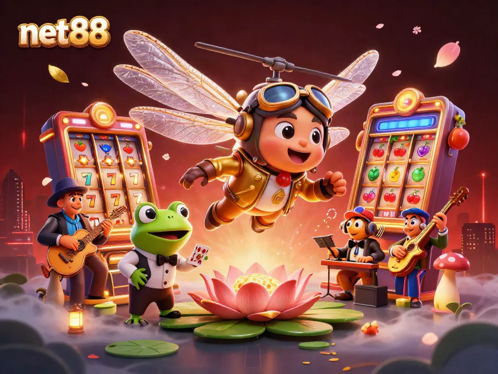 Engage with net88's online casino experience featuring a colorful 3D dragonfly pilot and lively gaming elements.
