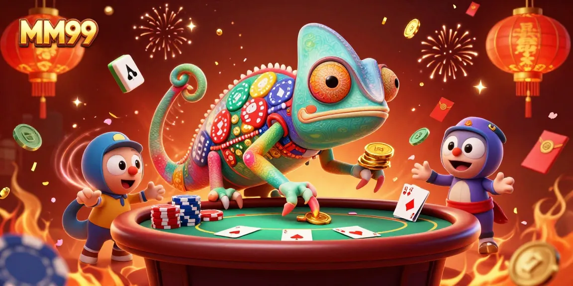Experience the vibrant excitement of MM99 casino gaming with a playful chameleon owner and dynamic poker action.