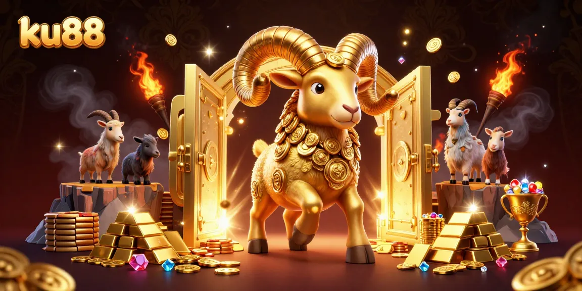 ku88 showcases a golden ram charging through a treasure-filled gateway, symbolizing winning strategies.